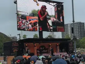 Live streaming of the chicken wing showdown event onto a large media screen over the wifi network supplied by Wireless Solutions at Wingfest London.