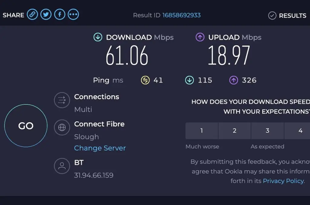 Speed test results showing upload and download speed of your internet connection.