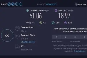 Speed test results showing upload and download speed of your internet connection.